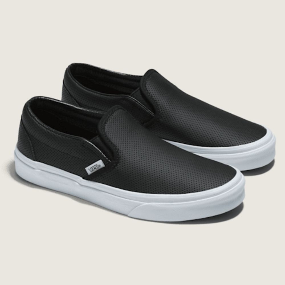 EUC Vans Classic Slip On Black Perforated Leather Skate Sneakers, 6(M) 7.5(W)